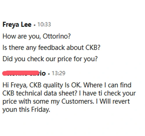 Os clientes da Itália estão muito satisfeitos com a qualidade do nosso CKB