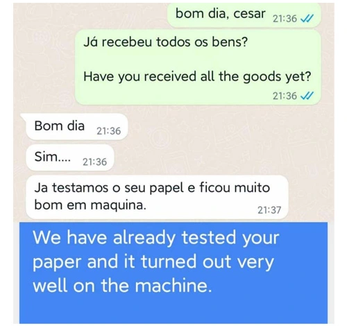Nossos clientes do Brasil estão muito felizes com a qualidade do nosso linerboard top branco